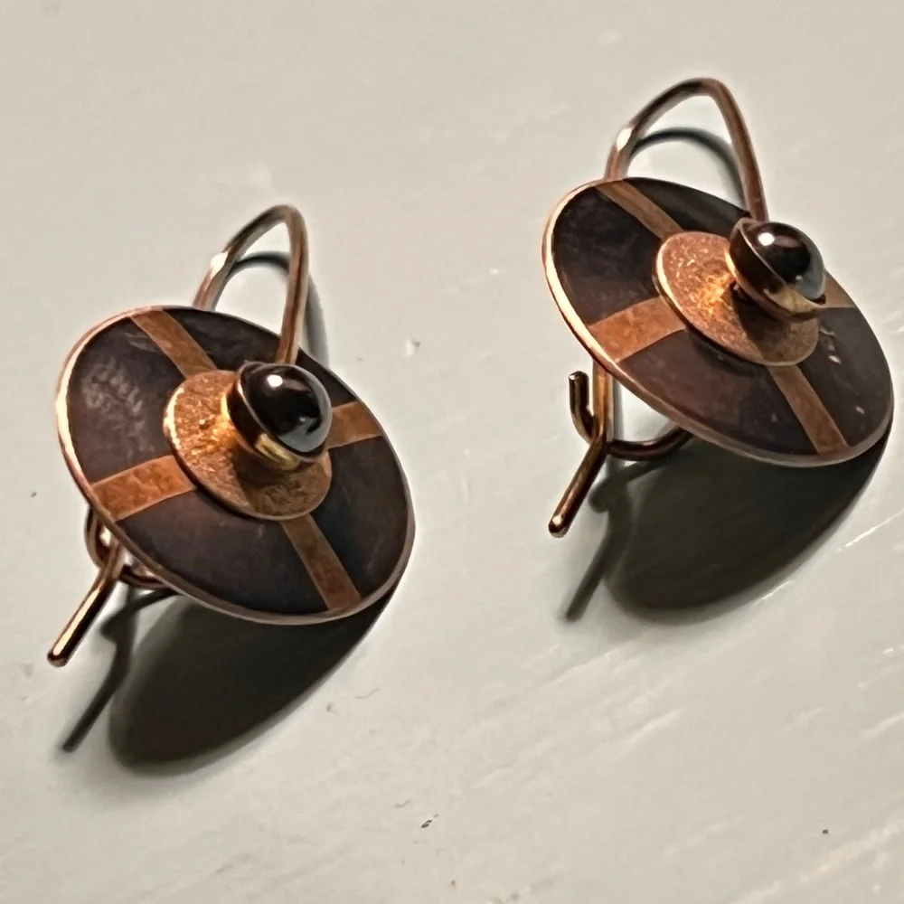 Vtg L&H Jewelry Sterling Silver & Brass Modernist Shield Drop Earrings